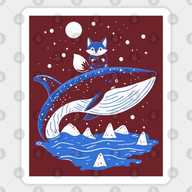 Fox Riding Whale - Monochromatic Winter Magnet by TuncGK